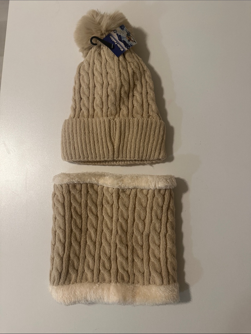 Kids Faux-Fur Trim Cable Knit Beanie and Neck Warmer Set - Cream